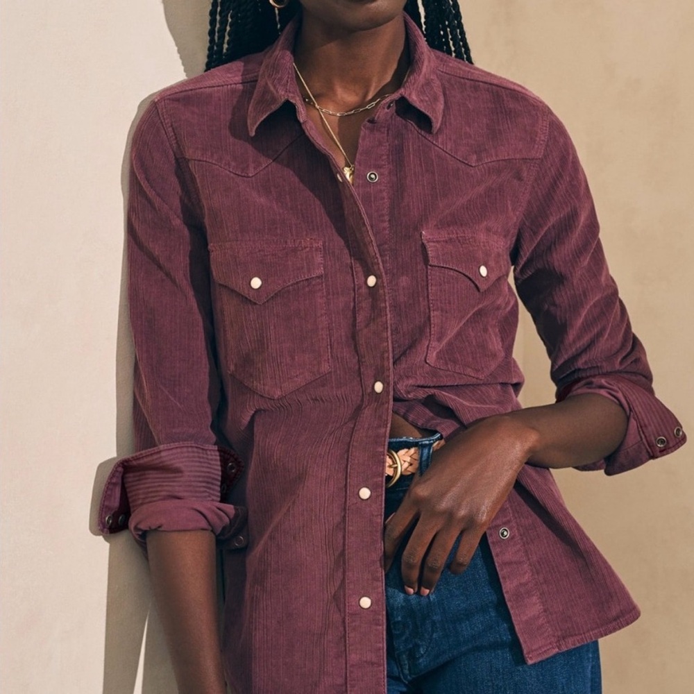 Faherty Stretch Corduroy Western Button Down Shirt Mauve Pearl snaps